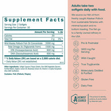 Bottle of True Grace prenatal DHA softgels with supplement facts label and product information on pink background.