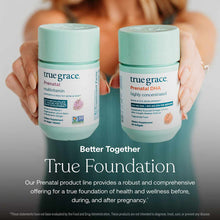 Two mint-green True Grace prenatal supplement bottles held by a person, labeled Prenatal Multivitamin and Prenatal DHA with 6