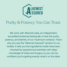 Alkemist Assured logo and text on light blue background describing purity and potency testing by independent botanical lab.