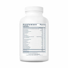 White plastic bottle with white cap containing prenatal multi-nutrient capsules, supplement facts label visible on front.