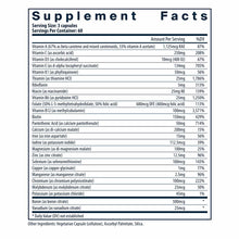 Supplement Facts label for prenatal multi-nutrient capsules listing vitamins, minerals, and daily value percentages.