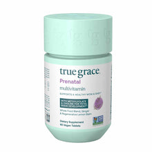 Light green bottle of True Grace Prenatal Multivitamin with white label, containing 60 vegan tablets.