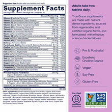 True Grace prenatal multivitamin supplement facts label showing vitamins, minerals, and organic ingredients with suggested us