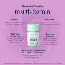 True Grace prenatal multivitamin bottle with mint-green cap on pink background surrounded by ingredient benefit text.
