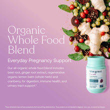 True Grace prenatal multivitamin bottle with mint-green label surrounded by berries, ginger root, and fresh herbs on pink bac