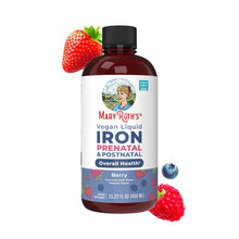 MaryRuth's Vegan Liquid Iron supplement bottle with berry flavor, 15.22 fl oz, surrounded by strawberry, blueberry, and raspb