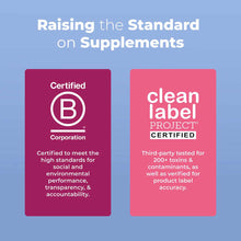 Two certification badges on light blue background: Certified B Corporation logo on burgundy card and Clean Label Project Cert