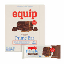 A cream-colored box of twelve chocolate Equip Prime Bars with a single wrapped bar in front, both showing red and blue lettering.