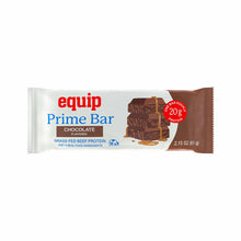 A white and brown Equip Prime Bar wrapper labeled chocolate flavored, showing stacked chocolate bars drizzled with caramel and a 20g protein badge.