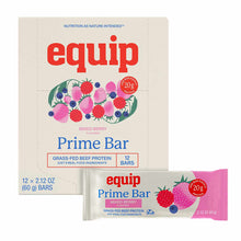 A cream box of twelve Equip Prime Bars in Mixed Berry flavor sits behind a single pink-and-white wrapped bar.