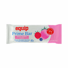 A white and pink Equip Prime Bar wrapper in Mixed Berry flavor, decorated with raspberry, strawberry and blueberry illustrations and a 20g protein badge.