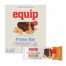 A cream-colored box of twelve Equip Prime Bars in peanut butter chocolate flavor sits behind a single wrapped bar.