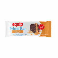 A white and orange Equip Prime Bar wrapper in peanut butter chocolate flavor shows stacked chocolate pieces, peanuts, and a 20g protein badge.