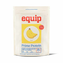 A cream pouch of Equip Prime Protein banana-flavored beef isolate powder with a yellow banana illustration and red logo.