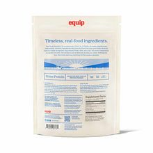 Back of a cream Equip Prime Protein pouch showing blue text, a pasture illustration, supplement facts panel, and barcode.