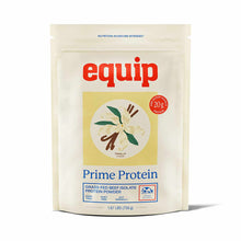 A cream-colored pouch of Equip Prime Protein vanilla grass-fed beef isolate powder with a vanilla flower illustration and red logo.