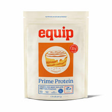 A cream pouch of Equip Prime Protein beef isolate powder in cinnamon roll flavor, with an orange label and red logo.