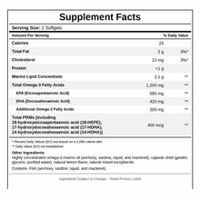 PRM Resolve supplement facts label showing nutrition information including omega-3 fatty acids, EPA, DHA, and PRMs per 2-soft