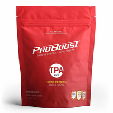Red Proboost TPA Thymic Protein A powder packets pouch with "Immune Support Supplements" text and certification badges.