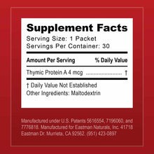 Supplement Facts label for Proboost Thymic Protein A showing 30 packets per container with 4 mcg thymic protein per serving a