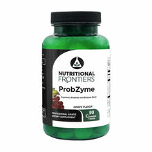Green bottle of ProbZyme dietary supplement by Nutritional Frontiers with black cap, containing 90 grape-flavored chewable ta
