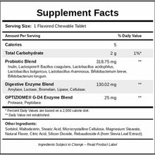 Supplement Facts label for ProbZyme chewable tablet showing probiotic blend, digestive enzymes, and other ingredients.
