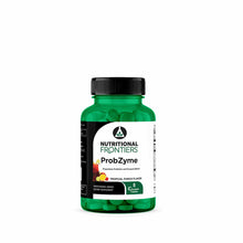 Green bottle of ProbZyme dietary supplement tablets by Nutritional Frontiers with black cap and white label.