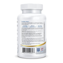 White bottle of ProDHA Xtra omega-3 fish oil supplement with white cap and product information label.