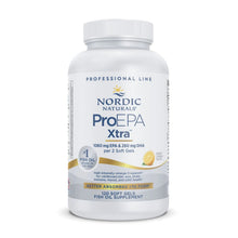 White bottle of Nordic Naturals ProEPA Xtra fish oil supplement containing 120 softgels with lemon flavor.