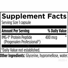 Supplement Facts label showing Progenalen Pro Peptide with 400 mcg IMG-1 Protein Peptide per capsule serving.