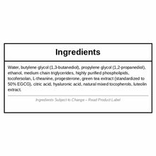 Ingredients label for topical serum listing water, glycols, progesterone, green tea extract, hyaluronic acid, and other botan