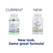 Two white Nordic Naturals ProOmega Curcumin supplement bottles side by side, labeled "Current" and "New" with updated packagi