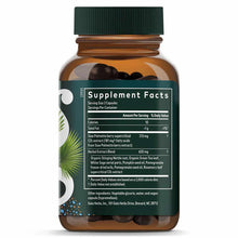 Brown glass bottle with green cap containing dark capsules and label showing supplement facts for Prostate Health by Gaia Her