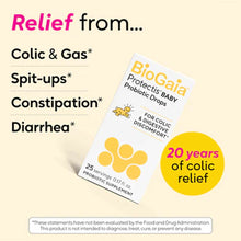 BioGaia Protectis Baby Probiotic Drops bottle with yellow liquid droplets and product information on cream background.