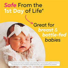 Newborn baby wearing white headband and outfit on yellow background with product text.