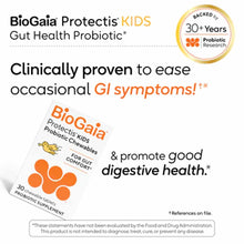 BioGaia Protectis Kids Probiotic Chewables package with orange circular tablets and product information text.