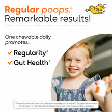 Young child holding probiotic chewable tablet with text describing daily dosage and digestive health benefits.