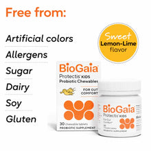 BioGaia Protectis Kids Probiotic Chewables bottle and box with lemon-lime flavor label and allergen-free claims displayed.
