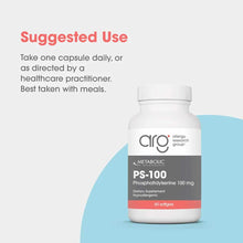 White bottle of PS-100 Phosphatidylserine 100 mg softgels by Allergy Research Group with gray and coral label on blue backgro