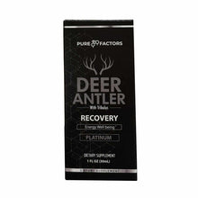 Black dietary supplement bottle labeled Deer Antler with Tribulus Recovery Platinum by Pure Factors, 1 FL OZ.