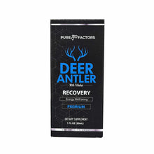 Black bottle label for Pure Factors Deer Antler with Tribulus Recovery dietary supplement, 1 fl oz, featuring blue antler gra