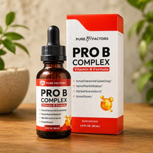 Brown dropper bottle labeled "Pro B Complex" next to red and white box on wooden surface with plant leaves in background.