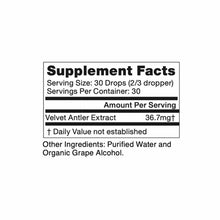Supplement Facts label showing serving size of 30 drops, 30 servings per container, with velvet antler extract and organic gr