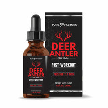 Brown glass dropper bottle with black cap next to black box labeled "Deer Antler with Tribulus Pro IGF T 1100" dietary supple