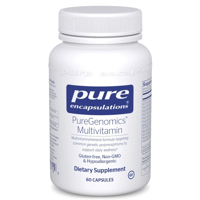 White bottle with white cap labeled PureGenomics Multivitamin by Pure Encapsulations, 60 capsules.