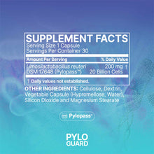 Supplement Facts label for Pyloguard Postbiotic showing serving size, ingredients including Limosilactobacillus reuteri, and