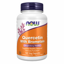 White bottle with dark blue cap containing 120 vegetarian capsules of NOW Foods Quercetin with Bromelain supplement.