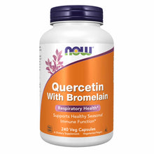White bottle with dark blue cap containing 240 vegetarian capsules of Quercetin with Bromelain by NOW Foods.
