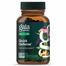Amber glass bottle of Gaia Herbs Quick Defense with green cap, containing 40 black liquid phyto-caps, labeled with echinacea