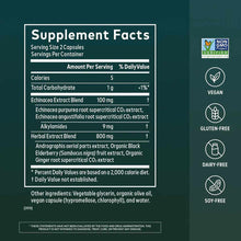 Supplement Facts label for Quick Defense capsules showing serving size, ingredients including Echinacea and herbal extracts,
